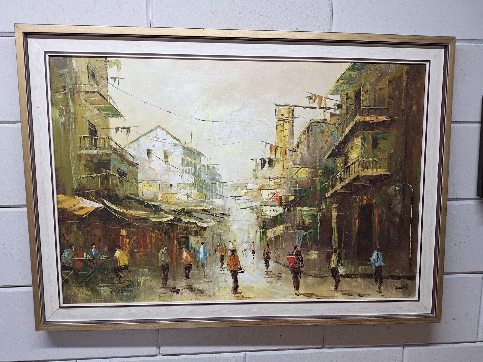 Olieverfschilderij Stadsgezicht met Figuren, Ingelijst, Ophalen of Verzenden, Origineel werk