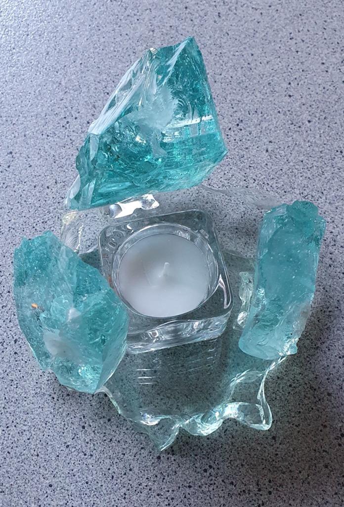 Bijzondere kaarsenhouder met aquarelkleurige glasstenen, Overige materialen, Blauw, Ophalen of Verzenden, Zo goed als nieuw