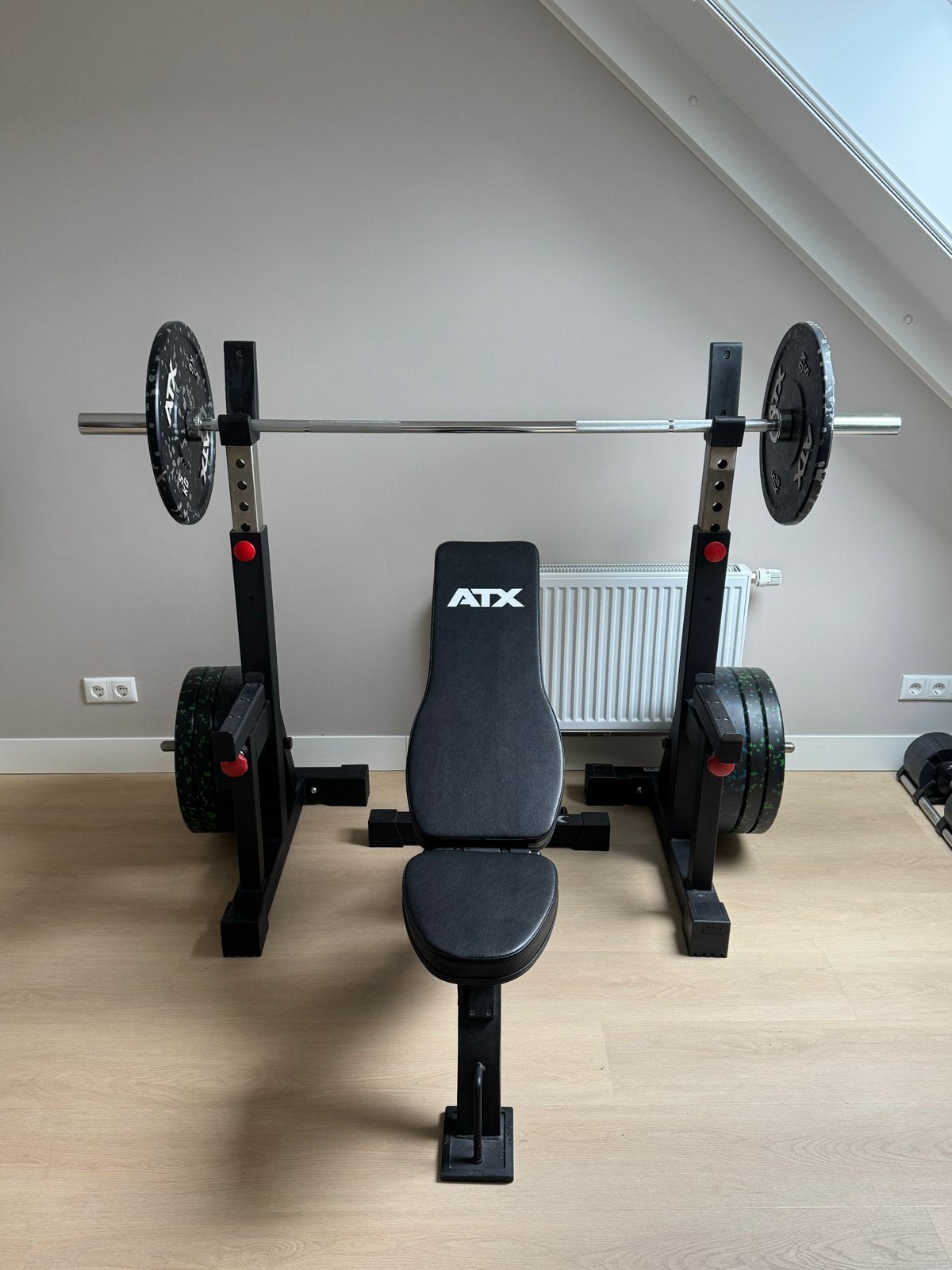 ATX Squat stand, ATX multi bench, olympisch halter schijven, Ophalen, Zo goed als nieuw, Benen, Halterset