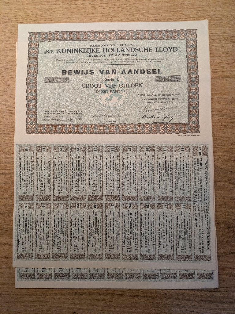 1932 aandelen Kon Lloyd 5 gulden, Ophalen of Verzenden, 1920 tot 1950, Aandeel