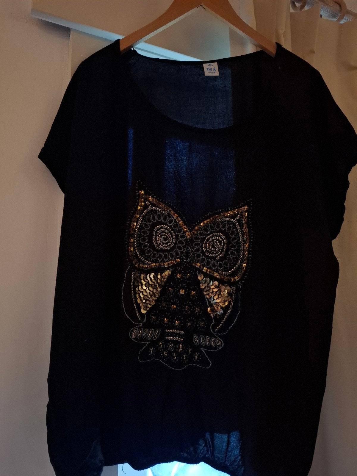 Zwart M&S Mode shirt met uil pailletten - Maat 46, Kleding | Dames, Zwart, Maat 46/48 (XL) of groter, Ophalen of Verzenden, Zo goed als nieuw