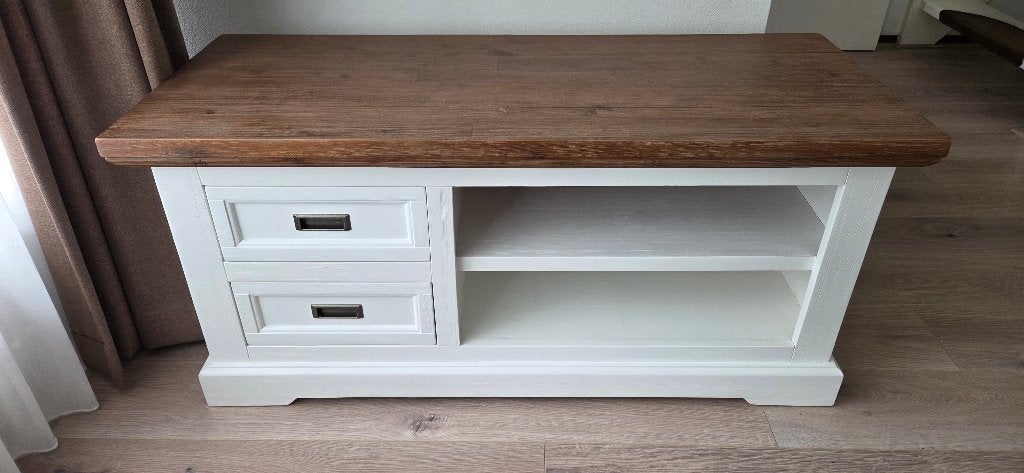 Wit/Hout TV-meubel, Ophalen, Gebruikt, 100 tot 150 cm, Minder dan 100 cm