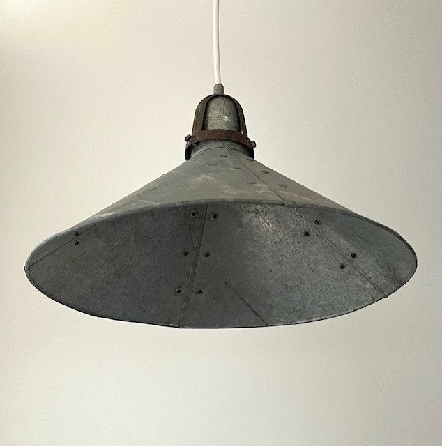 Franse industriële hanglamp zink / aluminium, Ophalen of Verzenden, Gebruikt, Metaal, E27 (groot)
