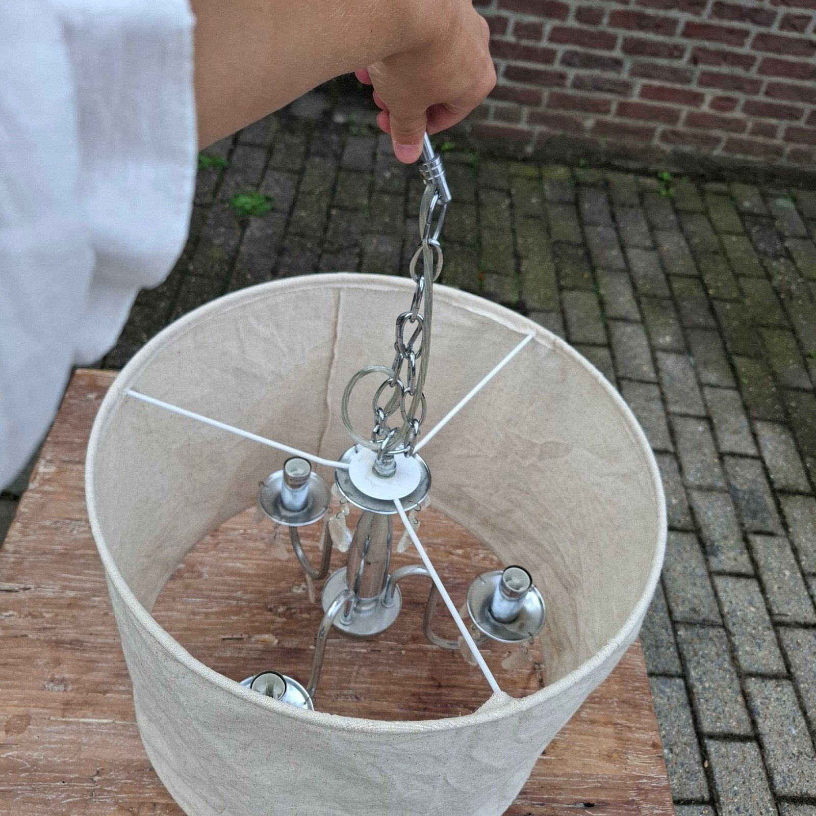 Hanglamp Karwei met stoffen kap, Gebruikt, Modern, Sfeervol, Ophalen of Verzenden, Metaal