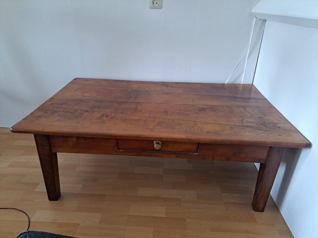 Kersen salontafel met eiken onderstel, Kersenhout, Gebruikt, 100 tot 150 cm, 50 tot 100 cm