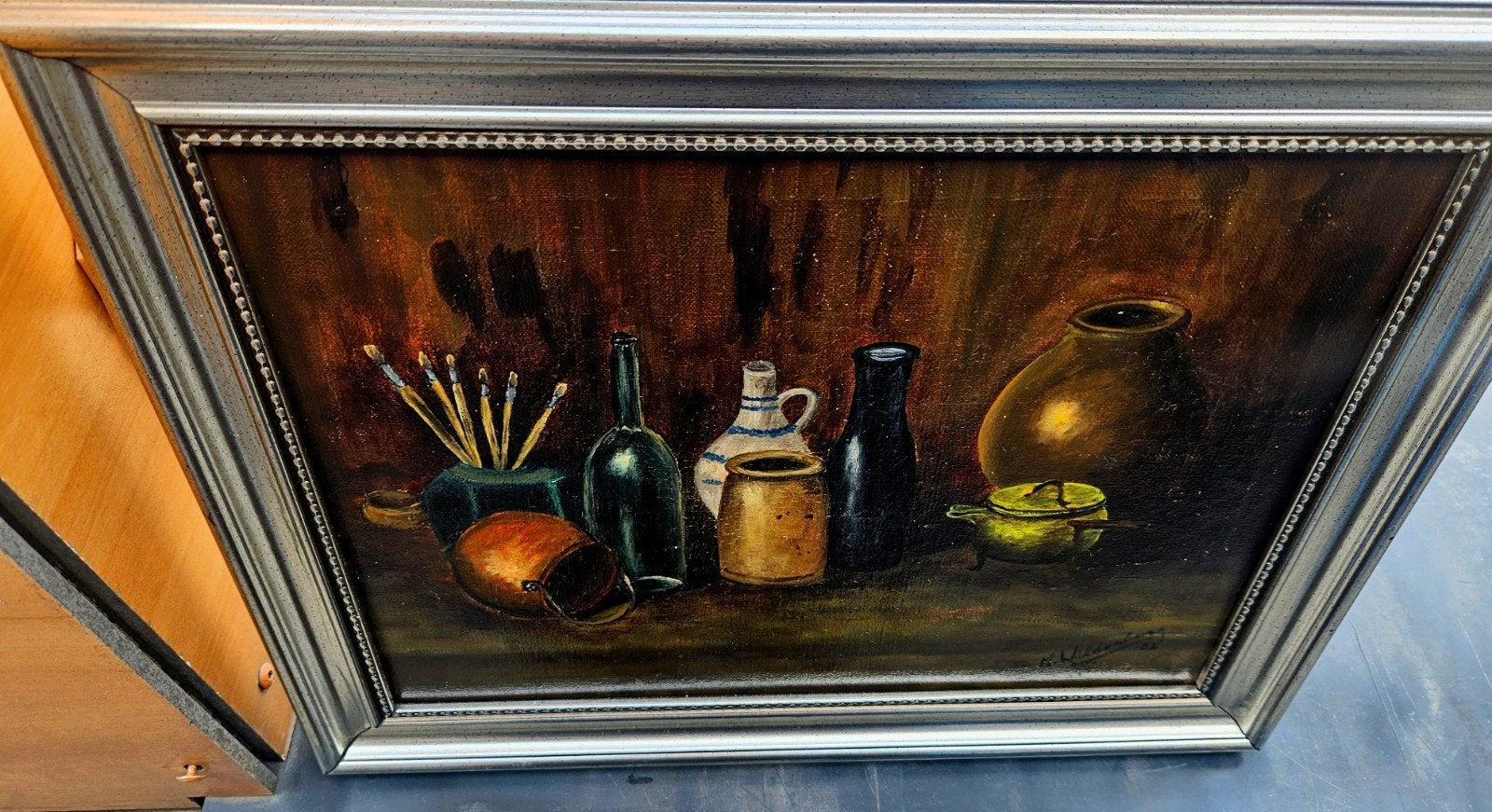 Antiek Stilleven gedat82 Olieverf Schilderij op Doek - 50x40, Ophalen, Bijzondere lijst, Doek, Oud hollands