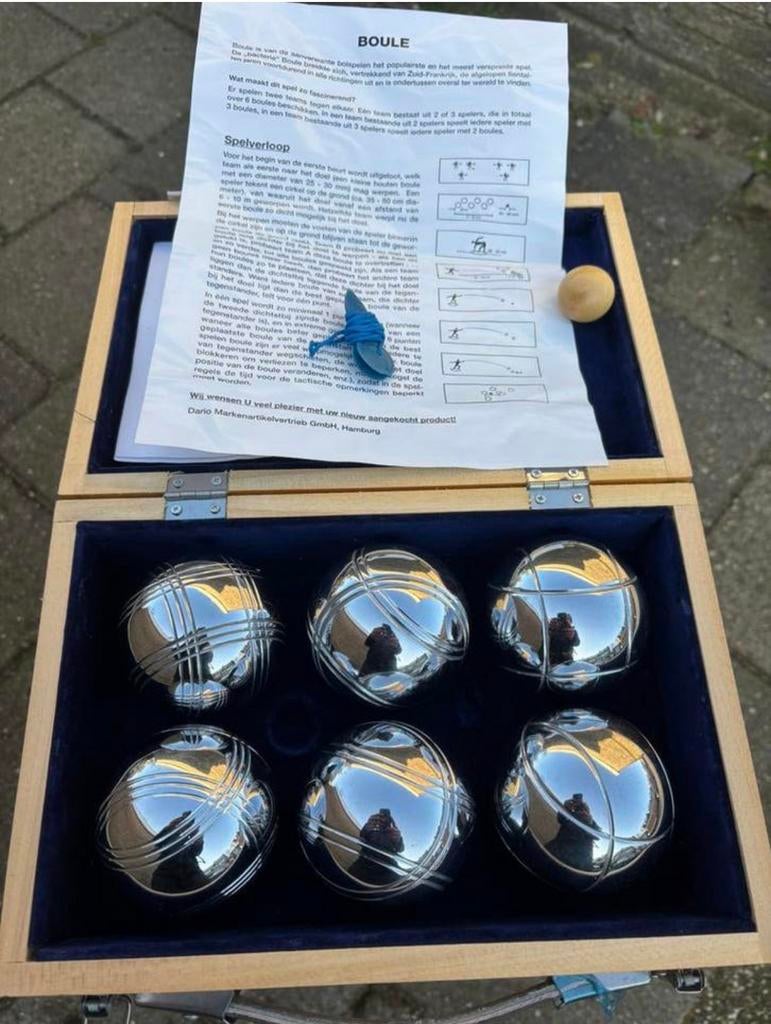 Complete luxe jeux de boule set in kist met beschrijving, Ophalen of Verzenden, Zo goed als nieuw, Bal