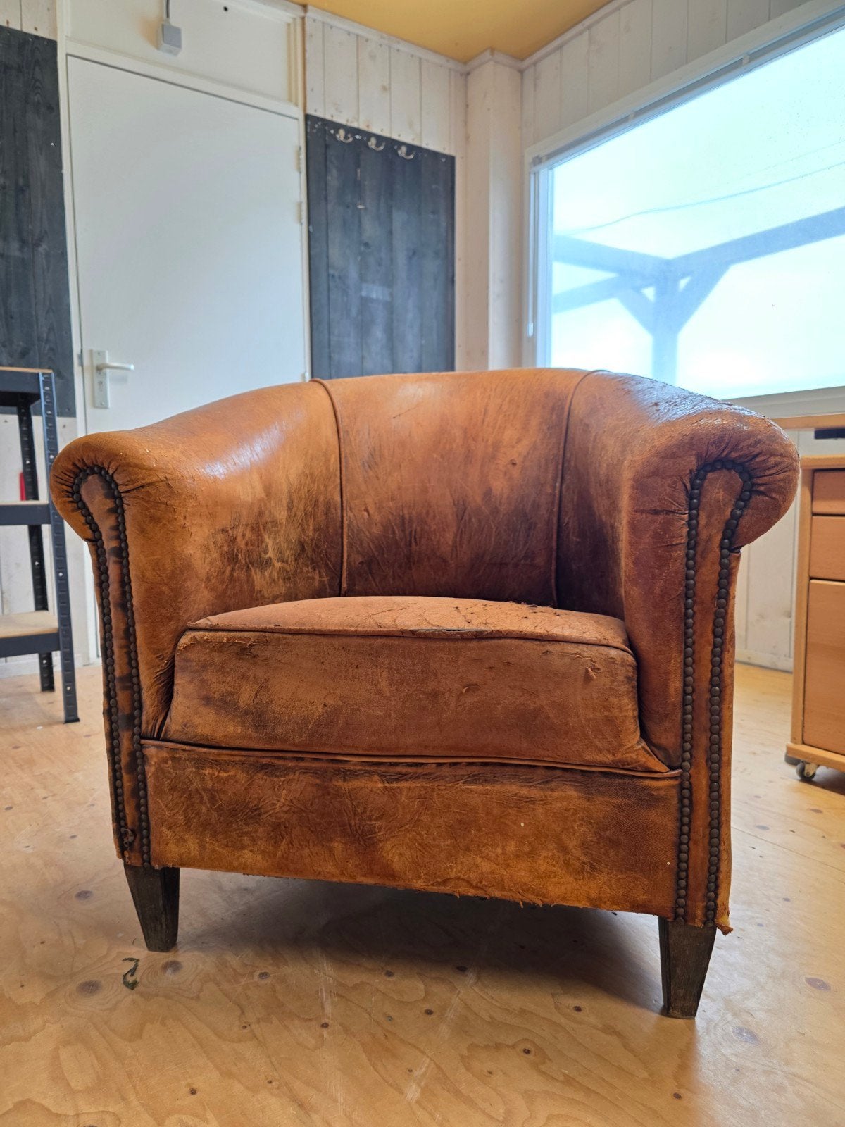 Vintage Schapenleren Clubfauteuil Cognac, Gebruikt, Ophalen of Verzenden, 75 tot 100 cm, Leer