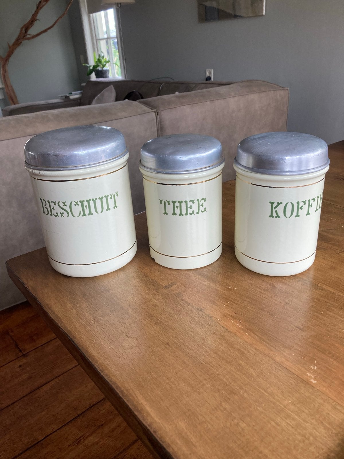 Emaille voorraadpotten: Beschuit, Thee, Koffie, Ophalen of Verzenden