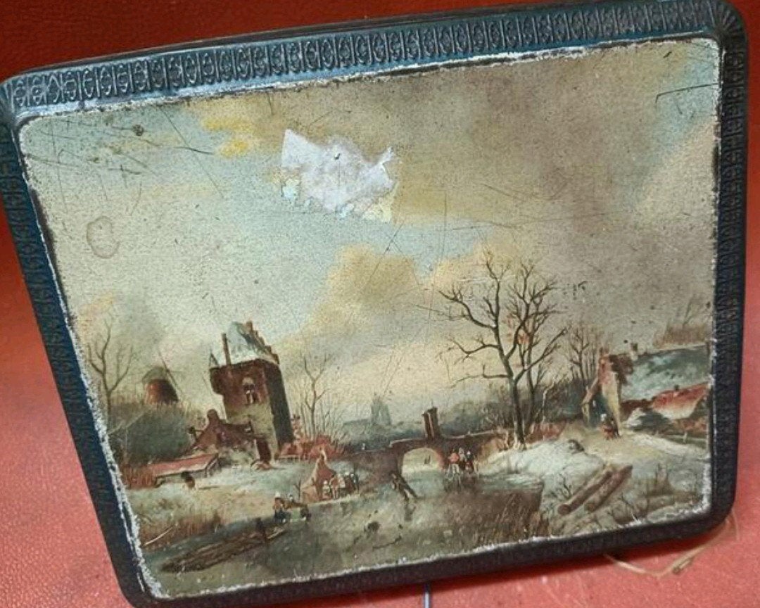 Vintage blik met winterlandschap, Ophalen of Verzenden, Gebruikt, Koek(jes), Overige merken