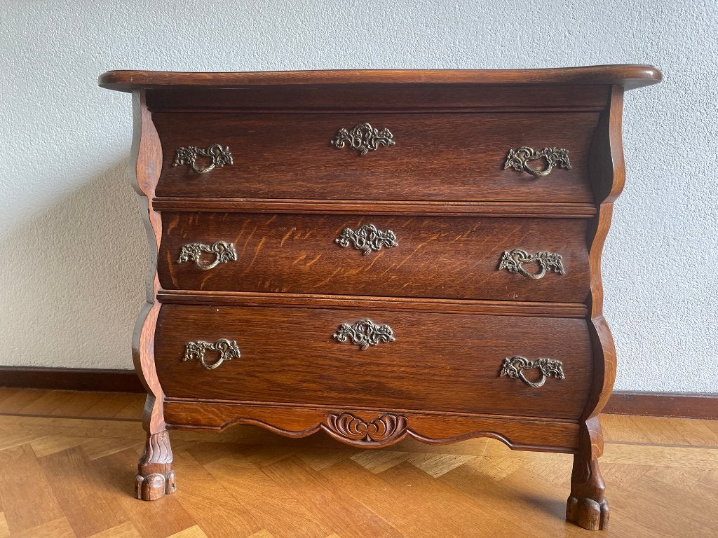 Vintage eiken ladekastje met 3 laden | Bombé stijl, Ophalen, Gebruikt, Vintage laden buikkastje, Eikenhout