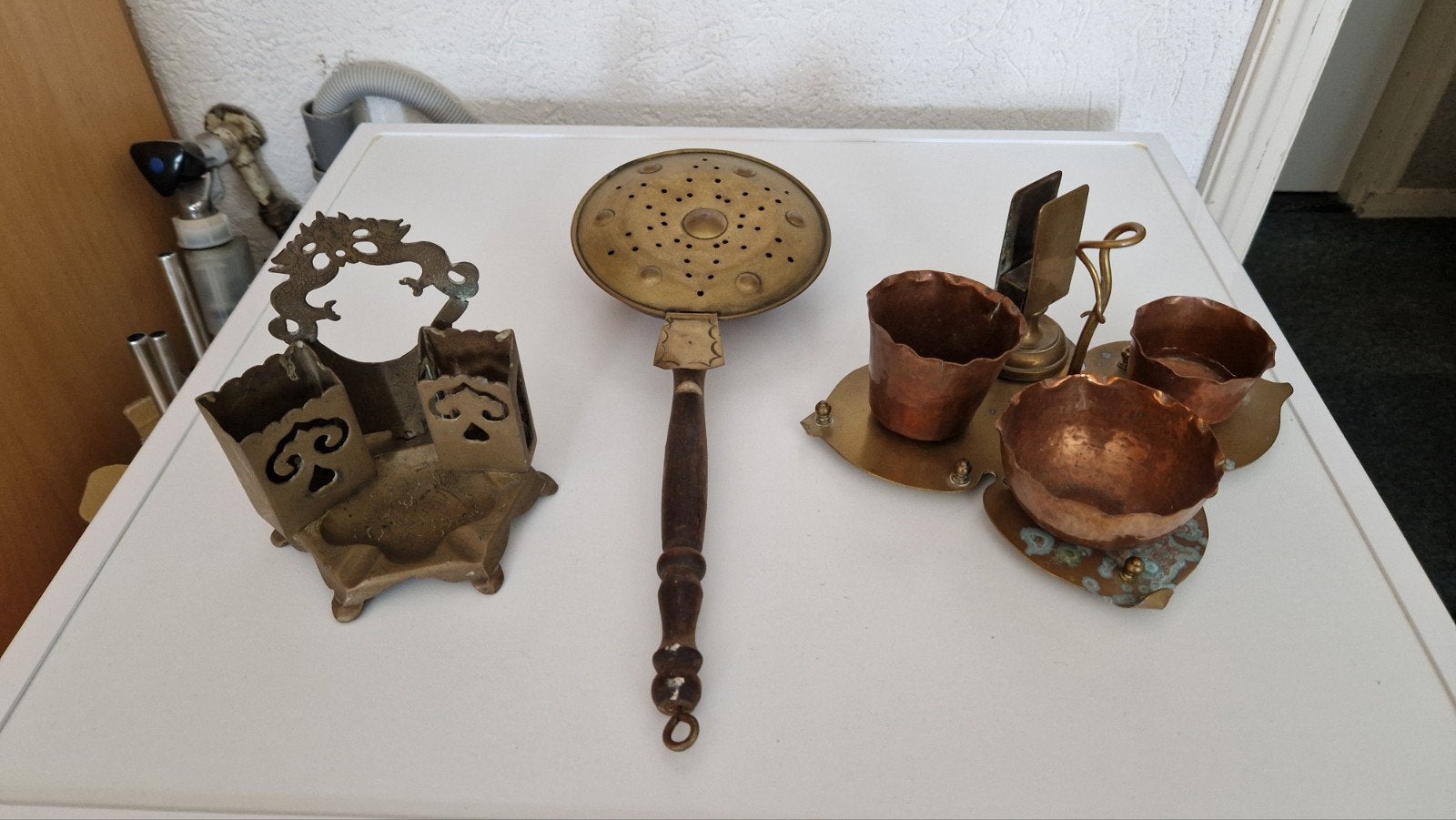 antieke koperen rokersset met luciferhouder, Ophalen of Verzenden, Koper