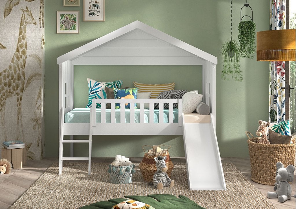 Huisbed met ladder en glijbaan - 90x200 - Wit, Niet ingevuld, Niet ingevuld, Niet ingevuld