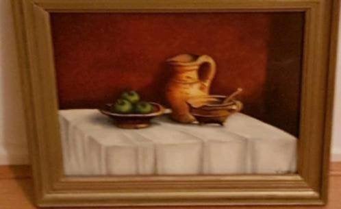 Olieverf schilderij steengoed aardewerk appels v.j. Strik., Antiek en Kunst, Ophalen