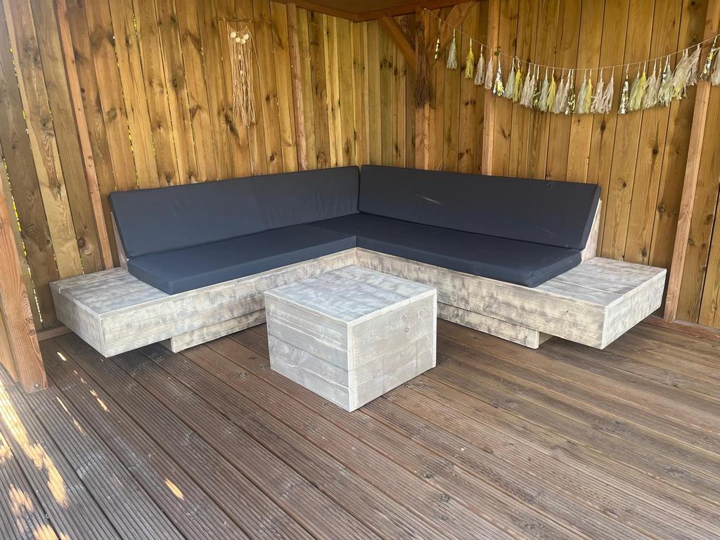 Steigerhouten hoekbank loungebank loungeset gratis hocker, Tuin en Terras, Tuinsets en Loungesets, Ophalen of Verzenden, Zo goed als nieuw