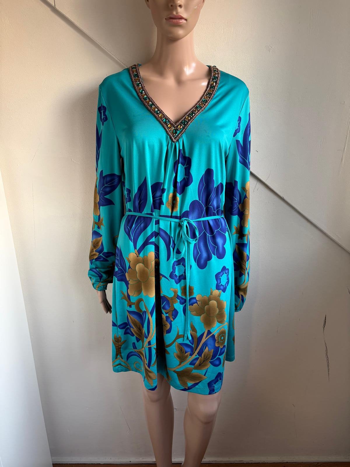 K-Design jurk maat L turquoise blauw met kralen, Kleding | Dames, Blauw, Maat 42/44 (L), Ophalen of Verzenden, Zo goed als nieuw