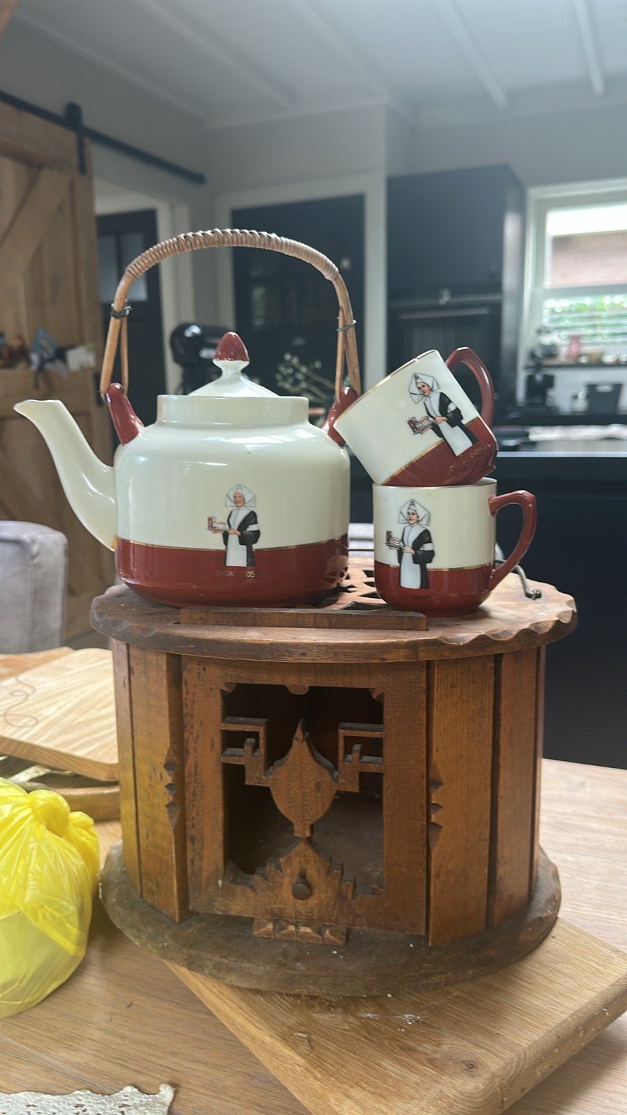Vintage Droste Cacao servies: theepot, 4 kopjes, 4 schotels, Ophalen of Verzenden