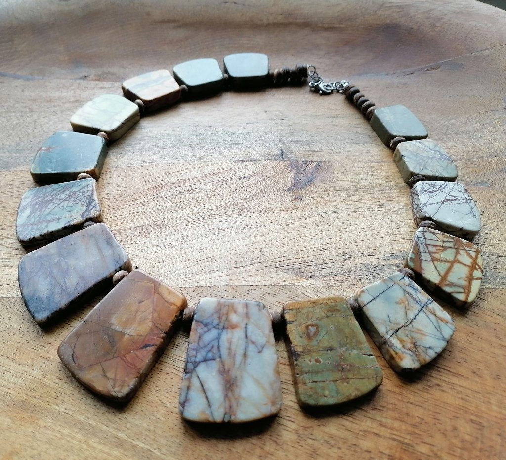 Nieuwe unieke zelfgemaakte ketting met picasso jasper stenen, Sieraden, Tassen en Uiterlijk, Kettingen, Overige kleuren, Nieuw