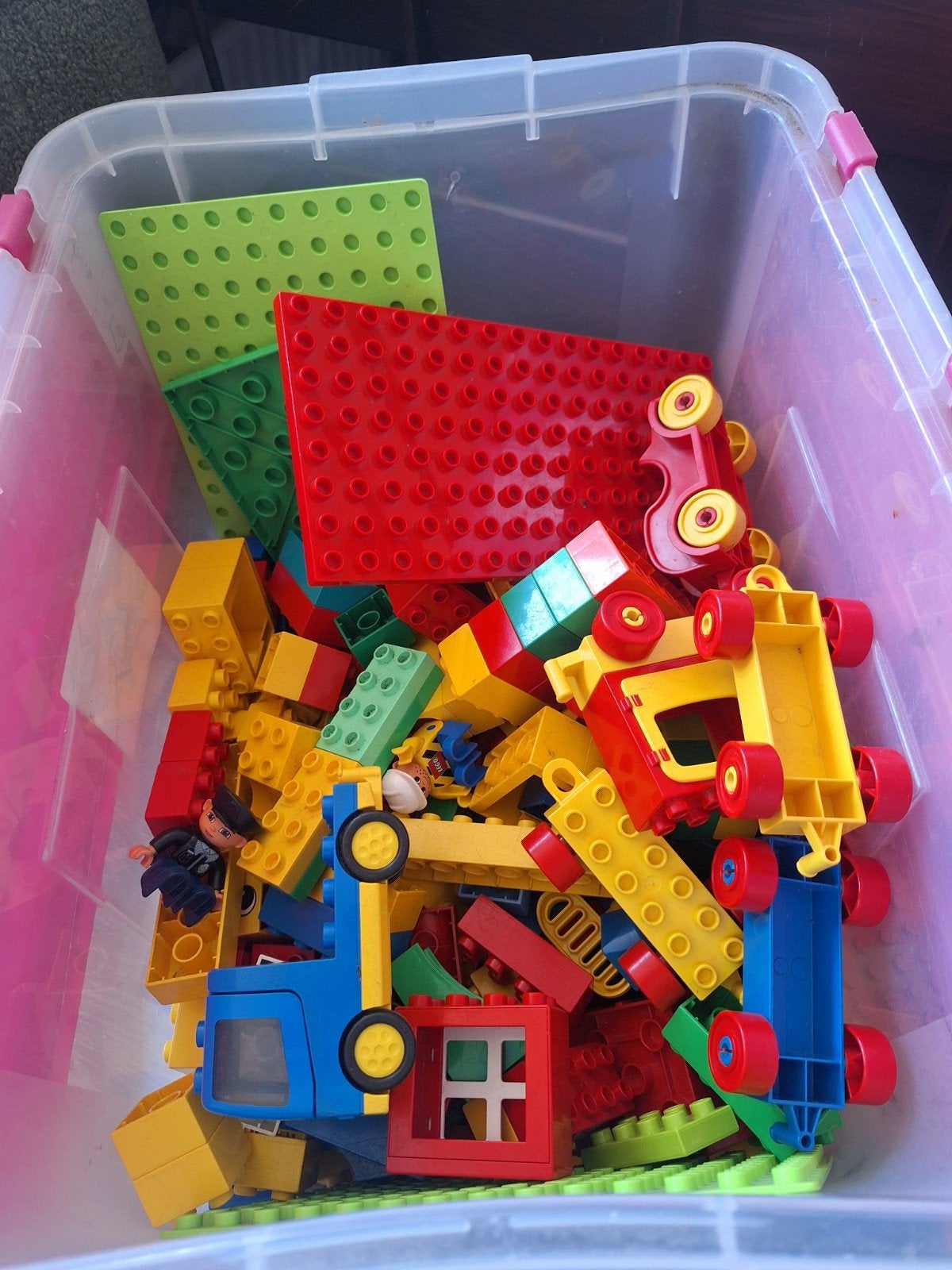 Grote partij LEGO Duplo met grondplaten en voertuigen, Ophalen, Gebruikt, Overige merken