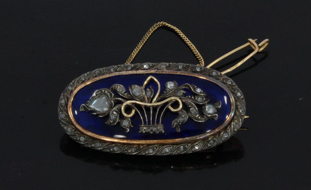 Diamanten fraaie 14k gouden antieke broche blauw glas dames, Verzenden, Goud, Broche, Met edelsteen
