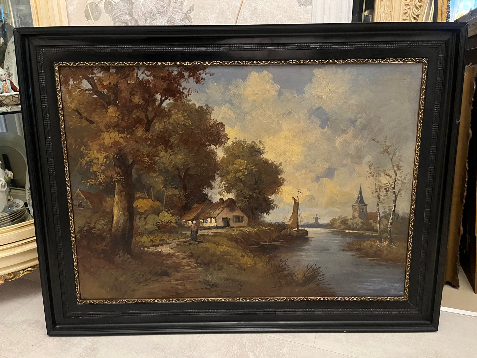 Antiek groot olieverf landschap schilderij, Ophalen