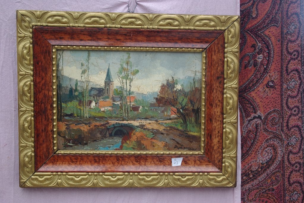 Dorpgezicht met kerk en huis en water, Ophalen of Verzenden, Oud hollands, Bijzondere lijst, Stads- / dorpsgezicht