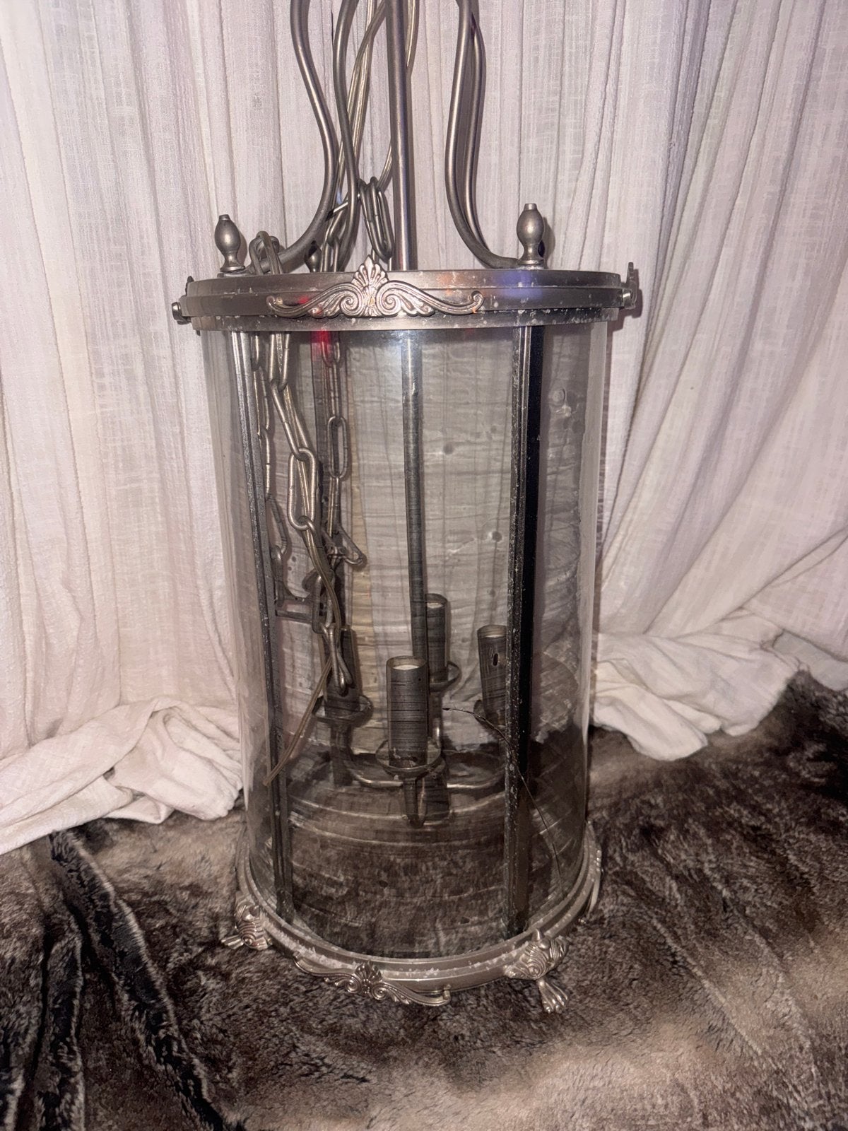 Antieke zilverkleurige lantaarn hanglamp met glas, Antiek en Kunst, Ophalen