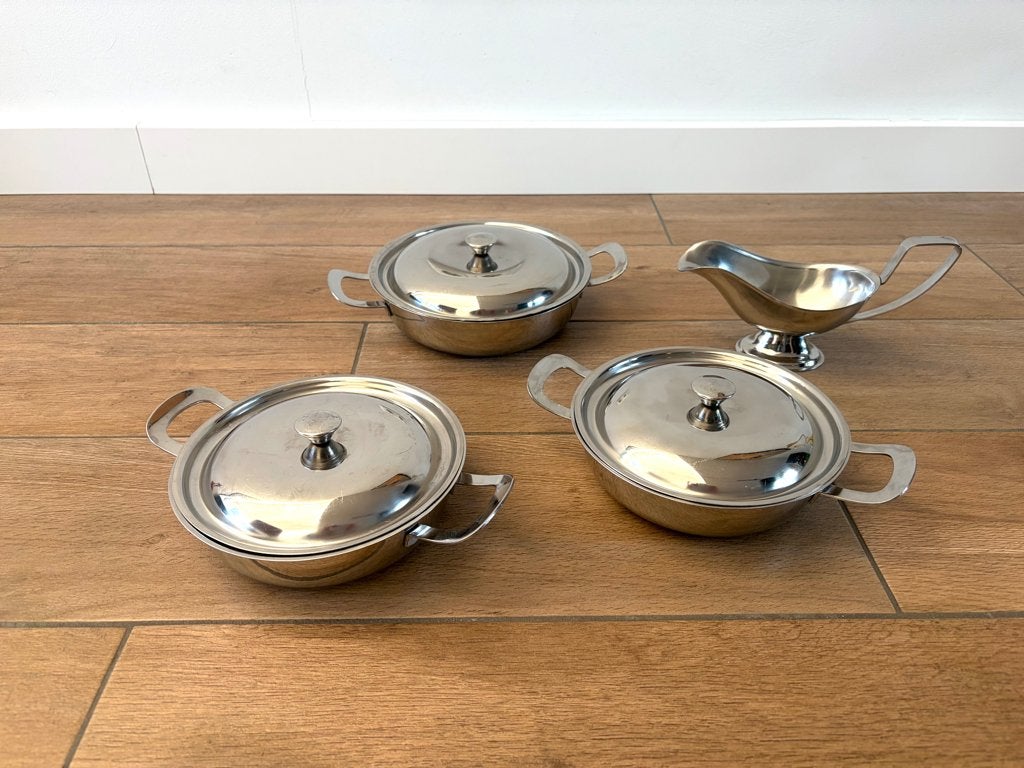 3 Dekschalen RVS, 1 Sauskom RVS, Ophalen, Gebruikt