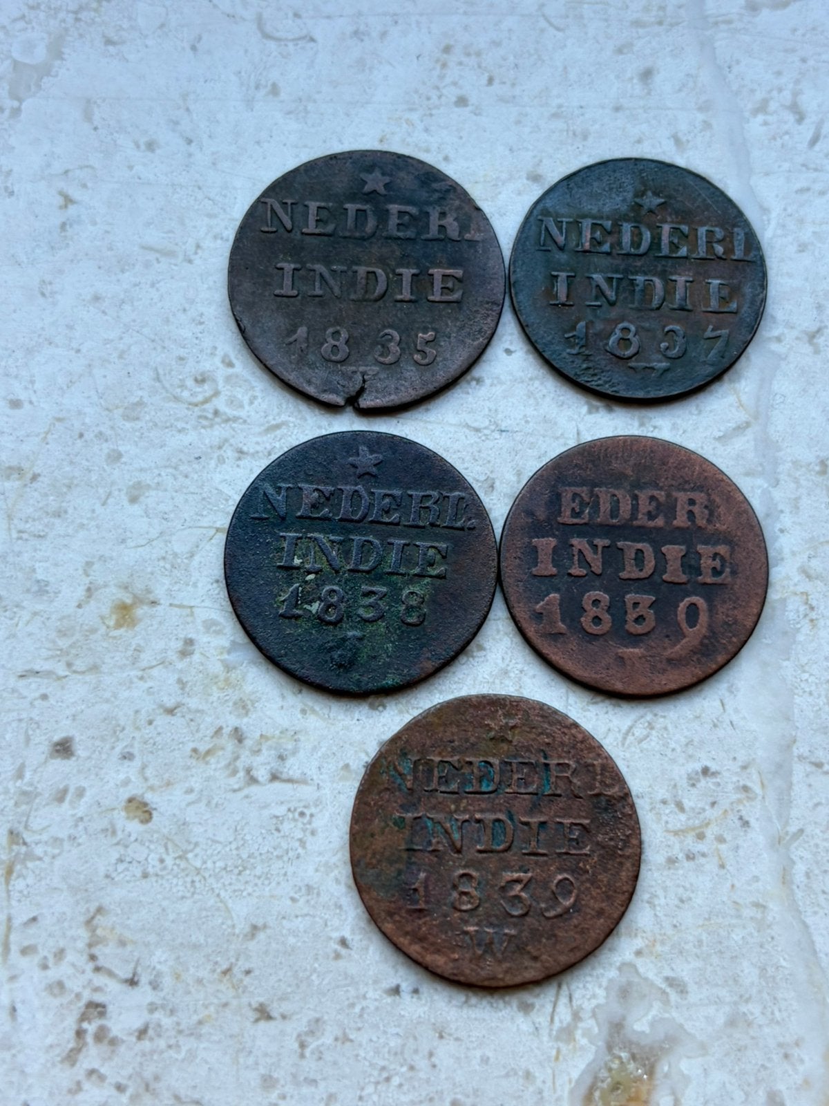 Nederlands Indie 5x 1 cent 1835-1839, Postzegels en Munten, Ophalen of Verzenden, Koningin Wilhelmina, 1 cent
