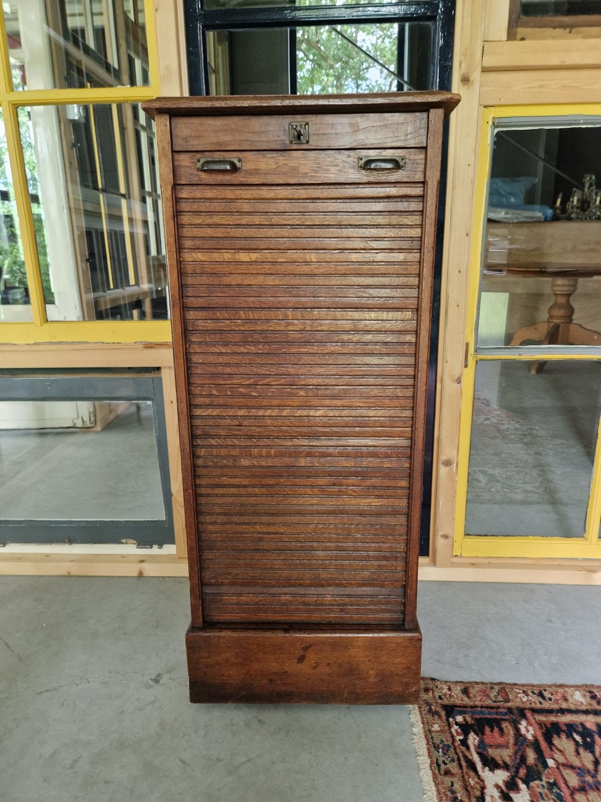 Oud houten  roldeurkastje/ rolluik kastje, Ophalen, Minder dan 50 cm, Gebruikt, 100 tot 150 cm