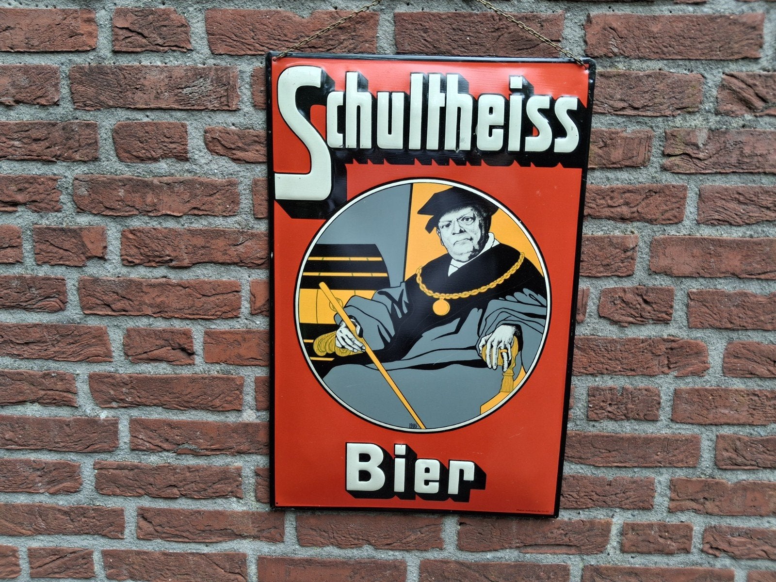 Oud blikken reclamebord schultheiss bier, Verzamelen, Merken en Reclamevoorwerpen, Ophalen, Gebruikt, Reclamebord