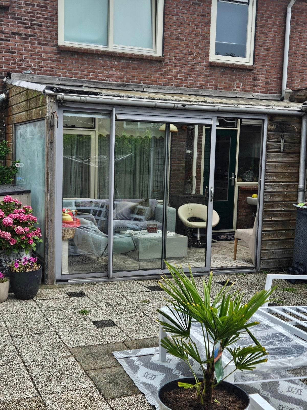 Veranda met glazen schuifpui en polycarbonaat dak, Doe-het-zelf en Verbouw, Gebruikt, Overige typen, Dubbelglas, 160 cm of meer