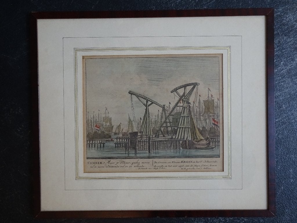 gravure 2 kranen IJ te Amsterdam Schreierstoren Schenk 1700, Verzenden, Stadsgezicht, Ingelijst, Gravure