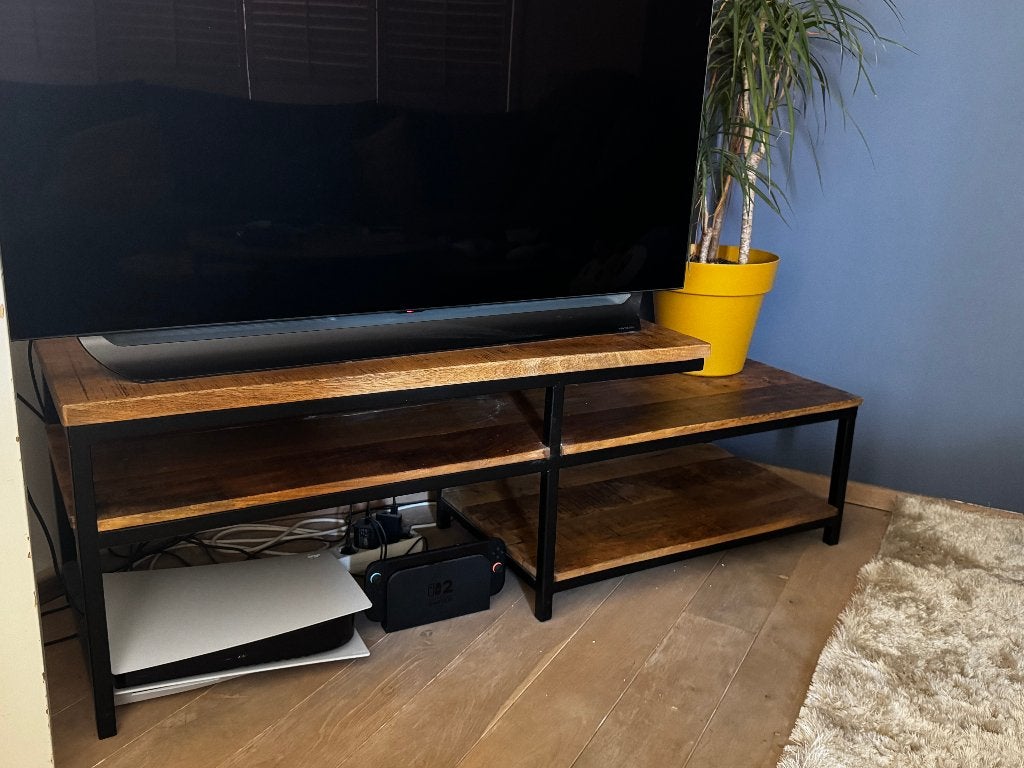 Tv meubel mangohout met zwart frame, Gebruikt, 100 tot 150 cm, Minder dan 100 cm, Industrieel