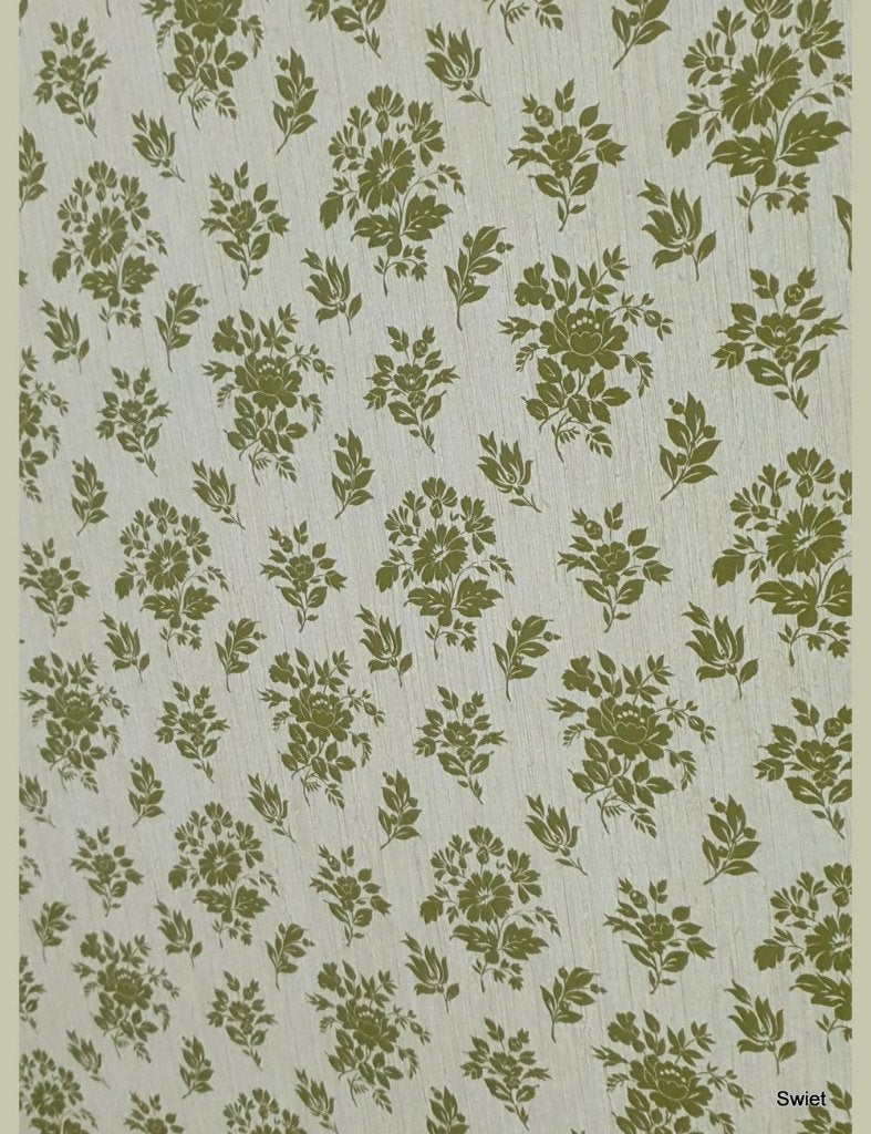 13948 vintage behang bloemen olijfgroen landelijk swiet, Huis en Inrichting, Ophalen of Verzenden, Minder dan 10 m²