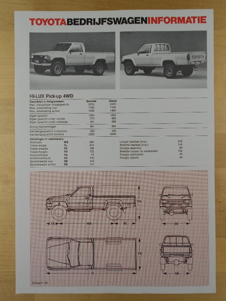 Toyota HiLux 4x4 Pick-up Specificatie Brochure 1986 Hi-Lux, Toyota, Ophalen of Verzenden, Zo goed als nieuw, Toyota