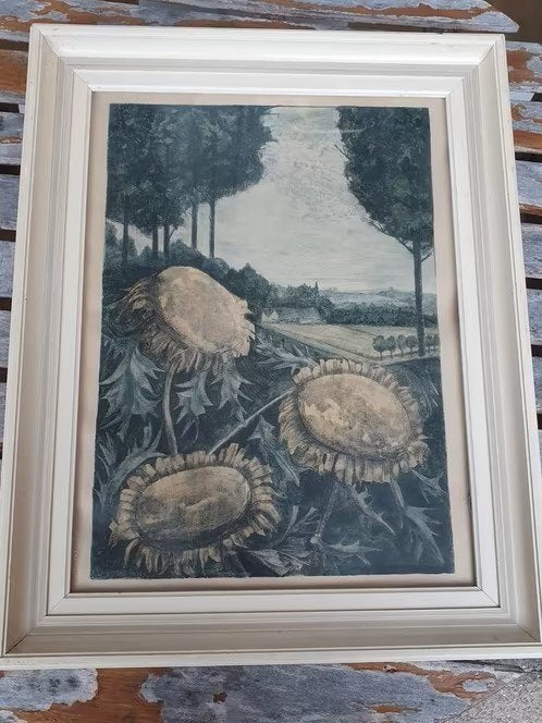 A.G. Dieperink kleuren ets zonnebloemen met landschap, Antiek en Kunst, Ophalen
