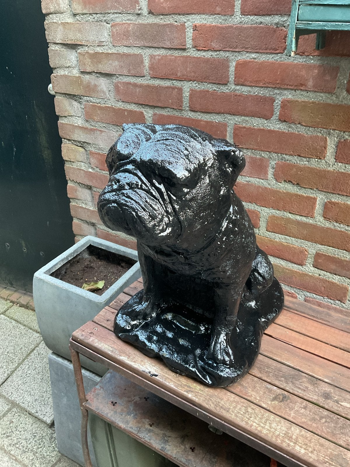 Zwarte Bulldog Beeld - Tuindecoratie 2 stuks, Ophalen, Overige stijlen, Steen/keramiek, Gebruikt