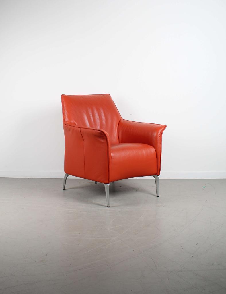 Leolux Mayuro Fauteuil Oranje Leer – Chroom, Huis en Inrichting, Niet ingevuld, Minder dan 75 cm, Niet ingevuld, Ophalen of Verzenden