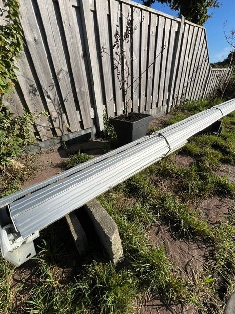 Elektrisch zonnescherm 3.4 meter breed Blauw / Wit doek, Tuin en Terras, Ophalen, Gebruikt, Elektrisch, 150 tot 300 cm