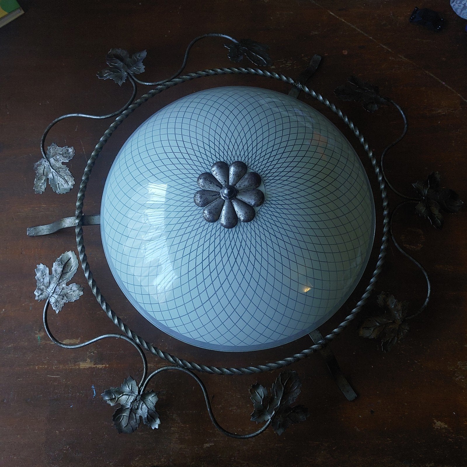 Vintage Plafondlamp met Smeedijzeren Bladeren en Glas, Ophalen of Verzenden