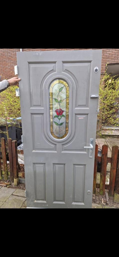 Hardhouten Voordeur met Glas-in-lood Roos, Ophalen, Gebruikt, 80 tot 100 cm, Buitendeur