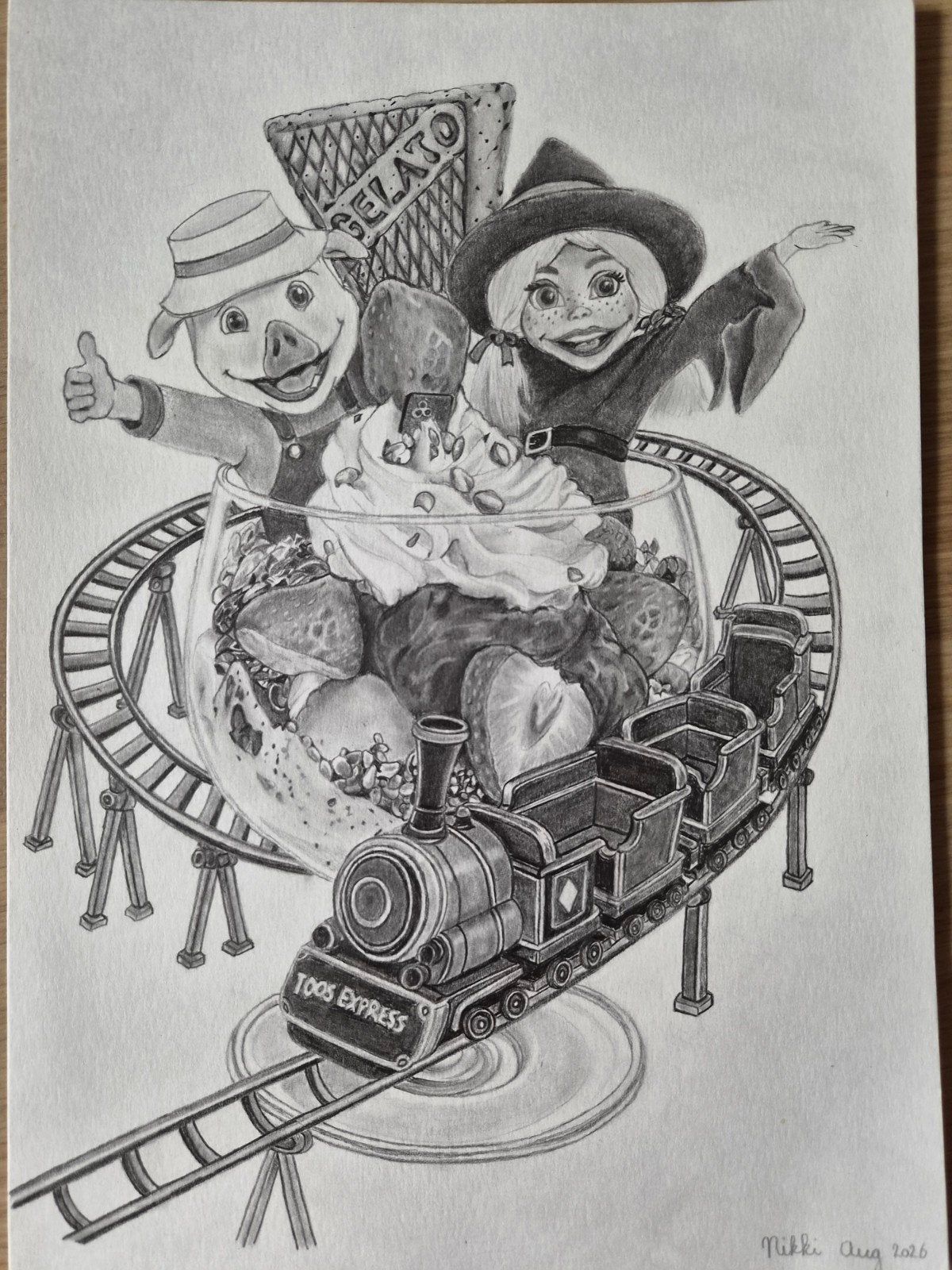 Grafiet tekening Clevers, Toverland - Toos Express, Ophalen of Verzenden, Tekening, Potloodtekening, Handgemaakt