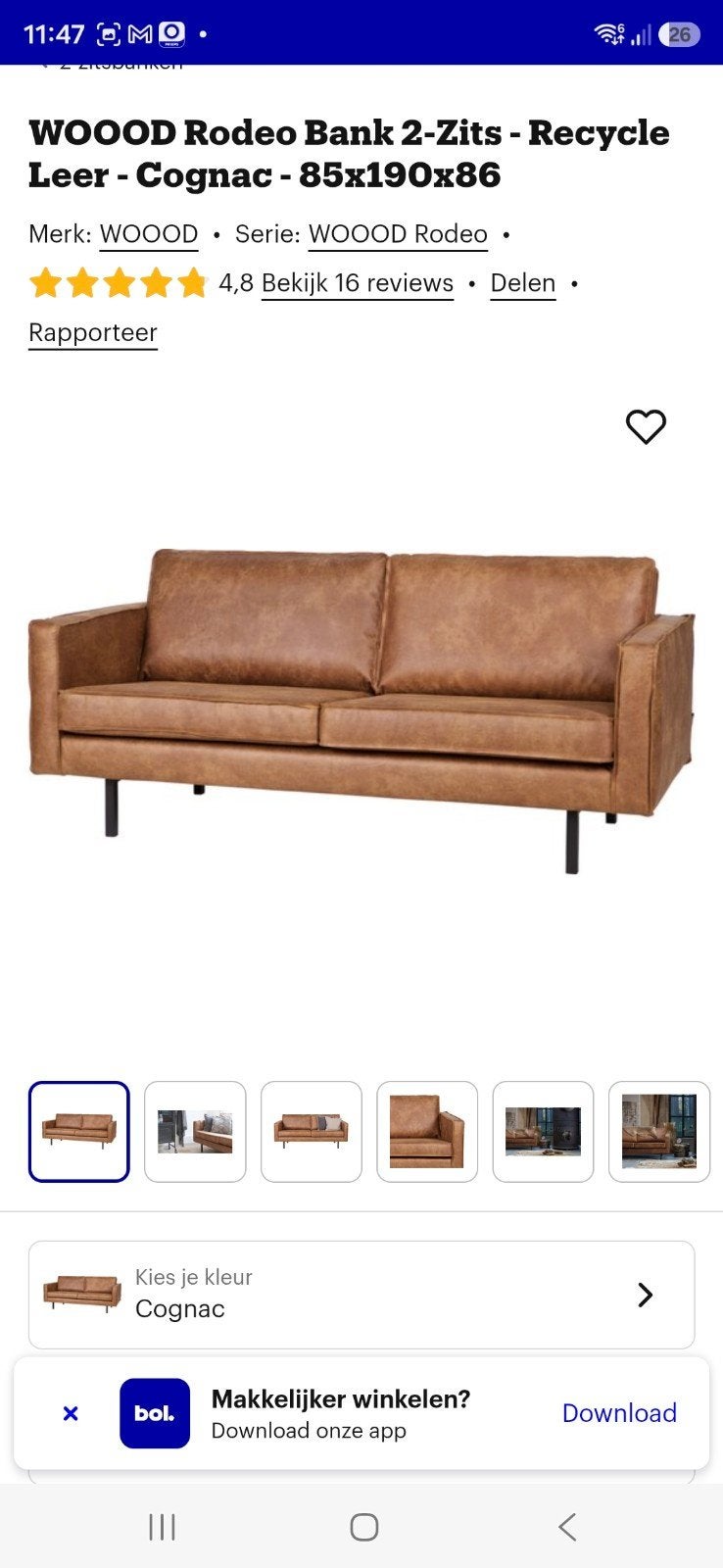 WOOOD Rodeo 2-zitsbank - Gerecycled Leer - Cognac, Ophalen of Verzenden, 75 tot 100 cm, Leer, 200 tot 250 cm