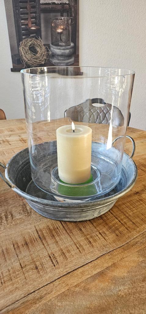 Grote glazen vaas met zinken teil (excl. kaars), Gebruikt, Ophalen of Verzenden, Landelijk, Glas