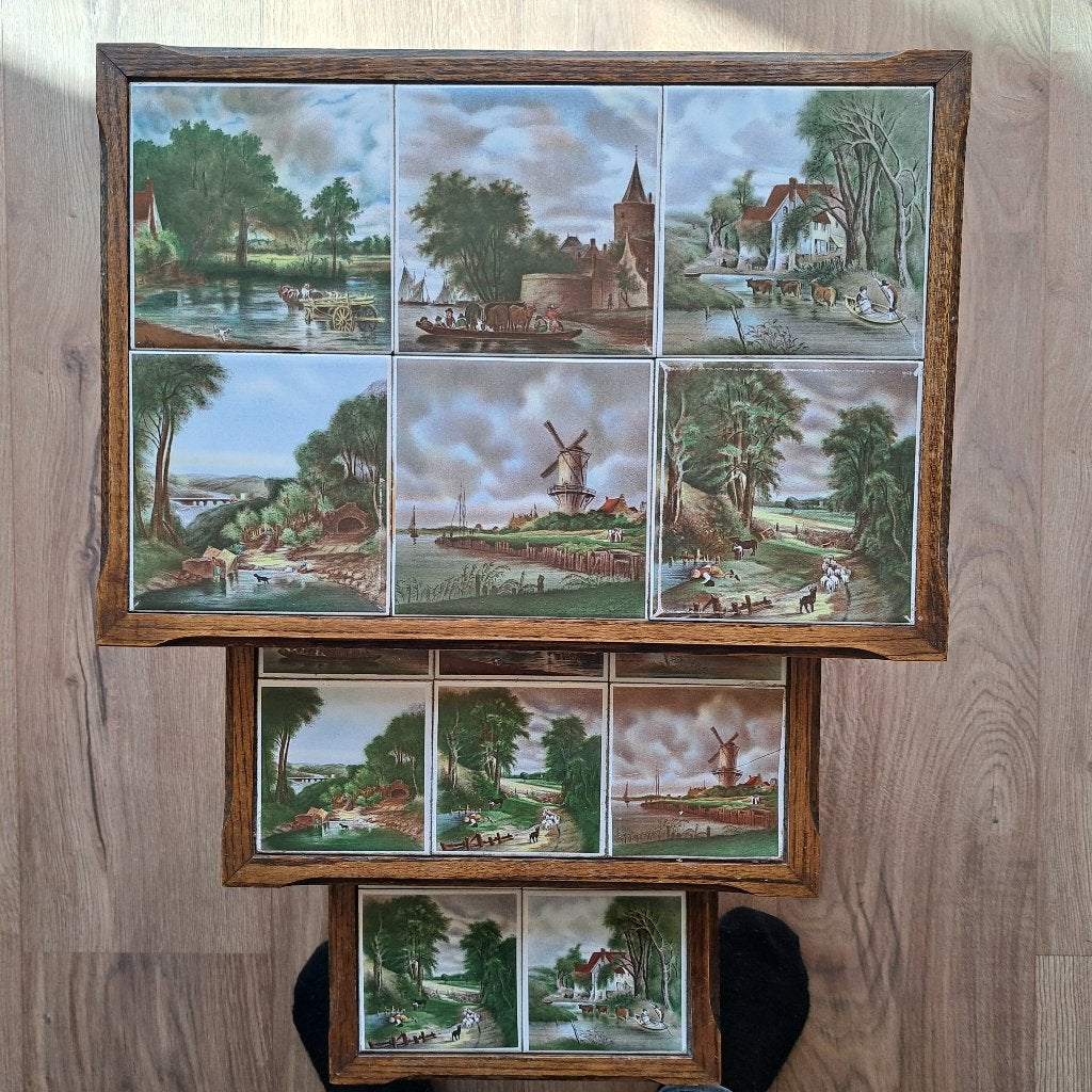 Set van 3 bijzettafeltjes met Oud Hollands natuurlandschap, Huis en Inrichting, Ophalen, Minder dan 55 cm, Gebruikt, Vierkant