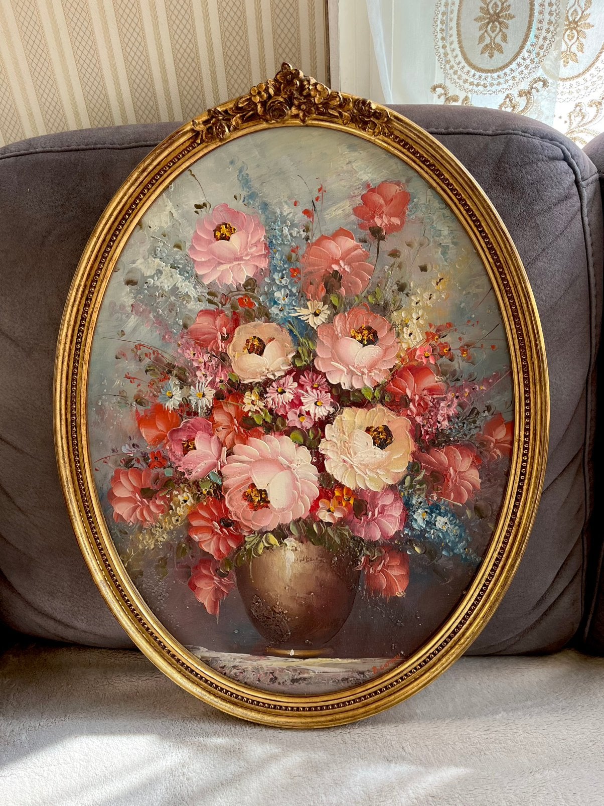 Prachtige olieverf bloemen schilderij ovaal, Ophalen