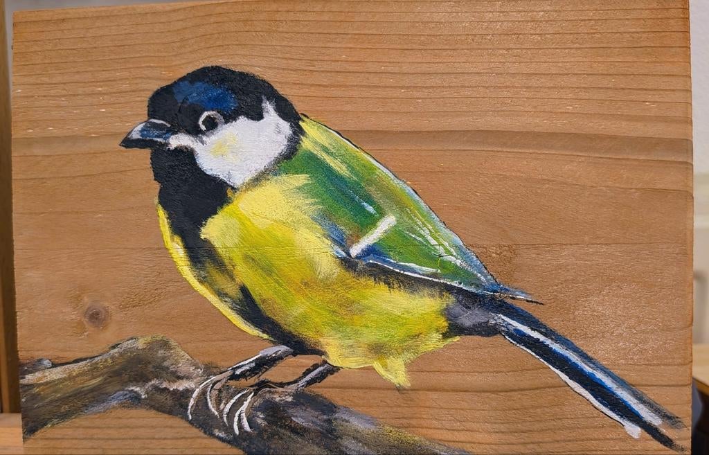 Handgeschilderde Koolmees op Hout - Uniek Kunstwerk, Ophalen of Verzenden