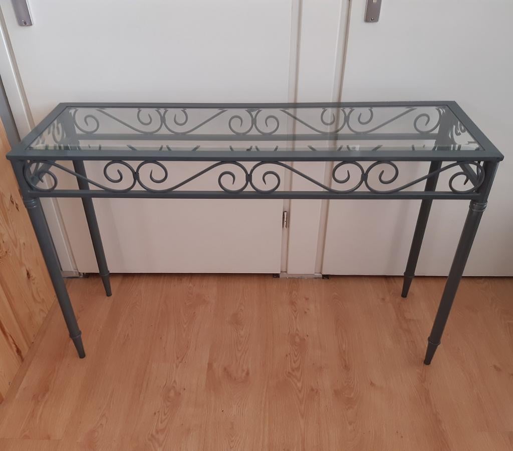 Sidetable Metaal met Glazen Blad, Huis en Inrichting, Tafels | Sidetables, Ophalen, 100 tot 150 cm, Metaal, 25 tot 50 cm