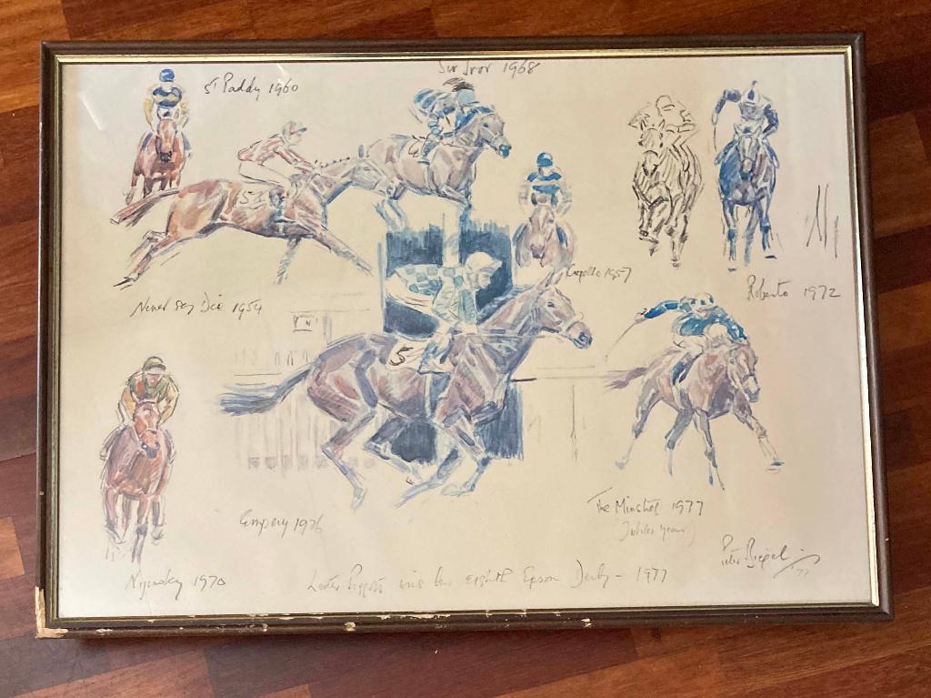 Print Peter Biegel : Lester Piggott wins his 8th Epsom Derby, Ophalen, 1960 tot 1980, Gebruikt, Prent